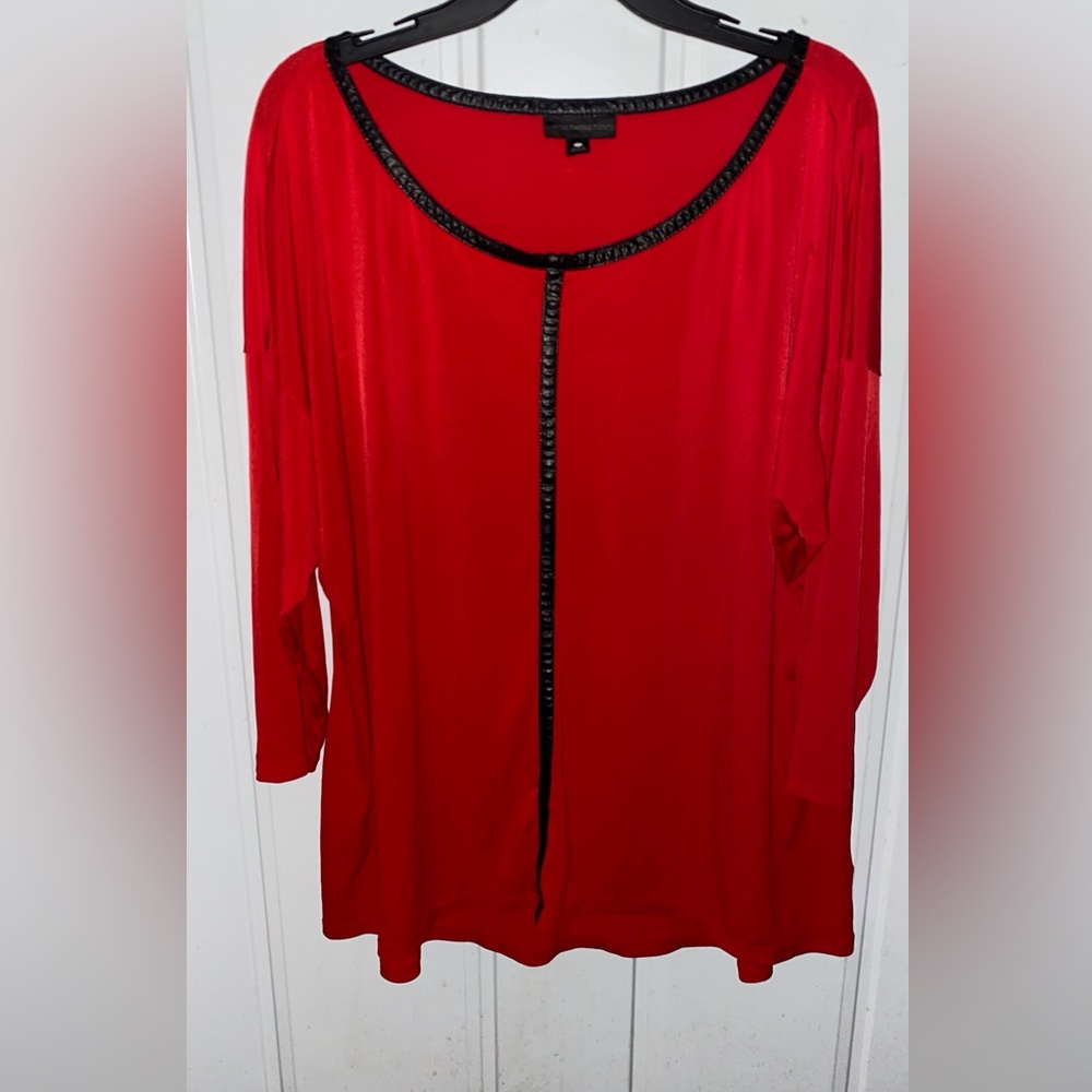 Worthington 2x Red Relaxed fit Blouse w/faux leather trim NWOT